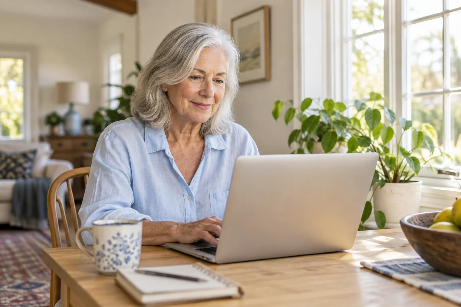 A woman using her laptop at home